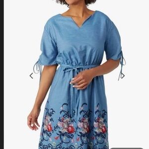 Roz & Ali Blue Denim Floral Embroidered Midi Dress Tie Waist Size 12